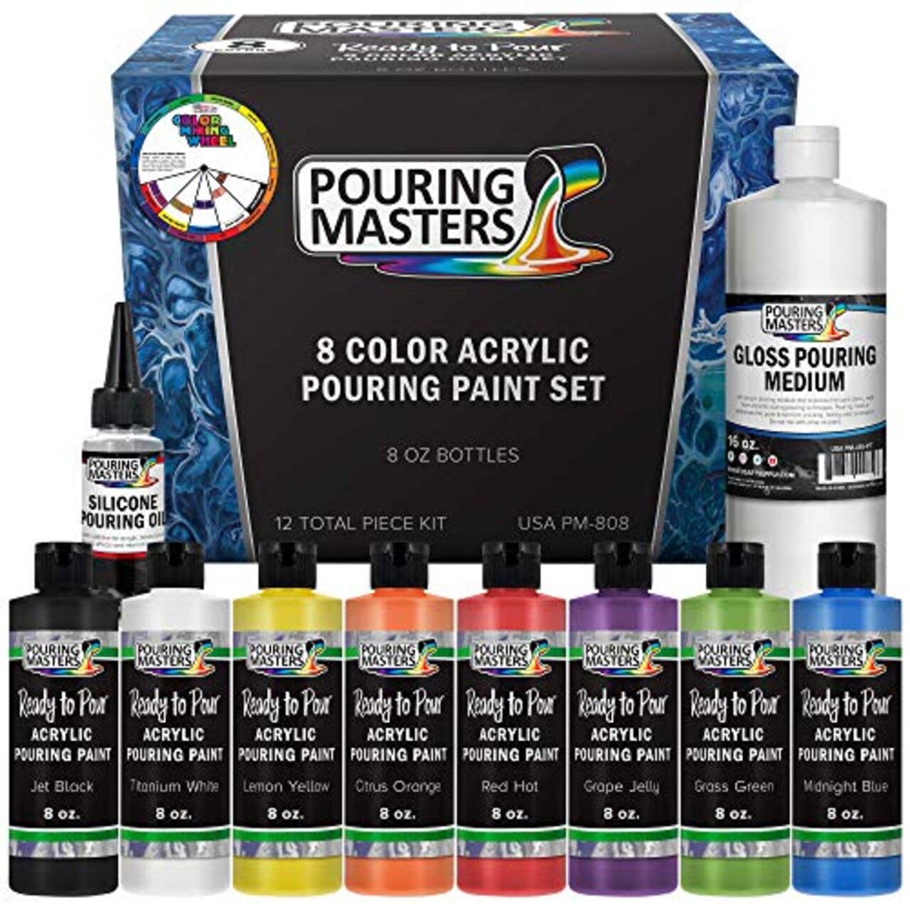 8-Color Ready to Pour Acrylic Pouring Paint Set - Premium Pre-Mixed High Flow 8-Ounce Bottles - for Canvas, Wood, Paper, Crafts, Tile, Rocks and More